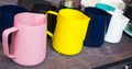 Colorful cups and mugs for coffee and tea on the bar counter Royalty Free Stock Photo