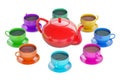 Colorful cups with teapot, 3D rendering Royalty Free Stock Photo