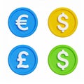 Colorful currency symbols coins, dollar, euro and pound on transparent background Royalty Free Stock Photo