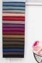 Colorful curtains fabric pattern palette texture samples as abstract textile background. Handmade, clothes and furniture