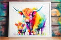 Colorful cute adorable Highland cow and baby calf Royalty Free Stock Photo