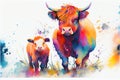 Colorful cute adorable Highland cow and baby calf