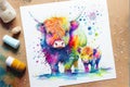 Colorful cute adorable Highland cow and baby calf Royalty Free Stock Photo