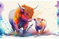 Colorful cute adorable Highland cow and baby calf Royalty Free Stock Photo