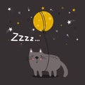 Colorful cute background with cat, moon, stars. Zzzz