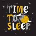 Colorful cute background with raccoon, moon, stars and english text. Time to sleep