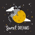 Colorful cute background with sleeping raccoon, moon, stars and english text. Sweet dreams