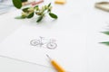 Colorful cute bicycle on greeting card, free space
