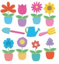 Colorful cute cartoon potted flowers and gardening tools vector illustration collection Royalty Free Stock Photo