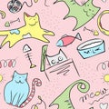 Colorful cute cats and fish - seamless pattern with digital painting on pink background