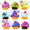 Colorful cute cupcakes vector illustration