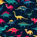 Colorful cute dinosaurs on black background. Vector seamless pattern. Fun textile cartoon kids print design Royalty Free Stock Photo