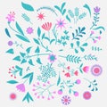 Colorful cute floral set with leaves and flowers