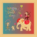 Colorful cute Happy birthday card with cheerful elephant, crocodile and monkeys