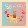 Colorful cute Happy birthday card with cheerful elephant and monkeys