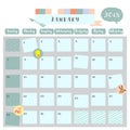 Colorful cute January 2018 calendar with squirrel,duck and reindeer