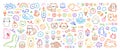 Colorful cute kid doodle icons set. Hand drawn scribble set of sun, flower, smile, heart, animal, cloud, rainbow