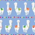 Colorful cute llama party under bunting seamless vector pattern for fabric, wallpaper, scrapbooking or backgrounds.
