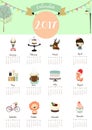 Colorful cute monthly calendar 2017 with rabbit,cake,cherry,bear,girl,strawberry and fox.Can be used for