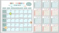 Colorful cute monthly calendar 2018 with squirrel,duck,reindeer,hippopotamus,giraffe,cat,lion and bear.Can be used for