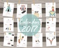 Colorful cute monthly calendar 2017 with tent,whale,feather,arrow and wild.Can be used for web,banner,poster,label and printable