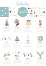 Colorful cute monthly calendar 2017 with tent,whale,feather,arrow and wild.Can be used for web,banner,poster,label and printable
