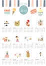 Colorful cute monthly calendar 2018 with whale,tree,monkey,cake,fox,girl and squirrel.Can be used for web,banner,poster,label and