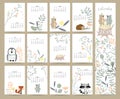 Colorful cute monthly calendar 2018 with wild,fox,bear,skunk,leaf,stump,flower,penguin and porcupine.Can be used for