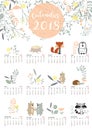 Colorful cute monthly calendar 2018 with wild,fox,bear,skunk,leaf,stump,flower,penguin and porcupine.Can be used for