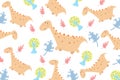 Soft dinosaur background with seamless ornament of trees and leaves. suitable for print media, textures, wallpapers, fabrics.