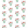 Colorful cute seamless pattern with pastel colored flowerpots, flowers, pots, potted plants.