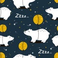 Colorful cute seamless pattern with white bears, moon, stars