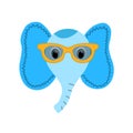 Colorful cute vector elephant face in sunglasses. One object on a white background. Cartoon flat illustration. Emoji funny animal. Royalty Free Stock Photo