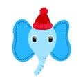 Colorful cute vector elephant face in a winter hat. One object on a white background. Cartoon flat illustration. Emoji Royalty Free Stock Photo