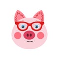 Colorful cute vector pig face in sunglasses. One object on a white background. Cartoon flat illustration. Emoji funny Royalty Free Stock Photo