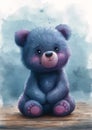 Colorful Cuteness: A Playful Purple Teddy Bear on a Wooden Table Royalty Free Stock Photo