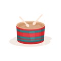 Colorful drum and two wooden sticks. Percussion musical instrument. Flat vector element for mobile game, children book
