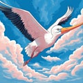 Colorful 2d Cartoon Of A Majestic White Pelican Soaring In The Clear Blue Sky Royalty Free Stock Photo