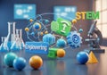 A colorful 3D composition illustrating STEM (Science, Technology, Engineering, Mathematics). Royalty Free Stock Photo