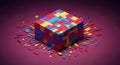 Colorful 3D cube made of geometric blocks, exploding into pieces, abstract design Royalty Free Stock Photo