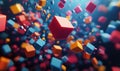 Colorful 3D cubes floating in space, vibrant red, blue, orange cubes scattered, dynamic composition, abstract design