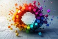 Colorful 3d data blocks explode in circular motion. Dynamic tech concept creative data processing. Abstract visual represents Royalty Free Stock Photo