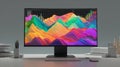 Colorful 3D Data Visualization on Curved Monitor in Minimalist Workspace with Grid Overlay and Vertical Bars for Royalty Free Stock Photo
