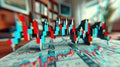 Colorful 3D financial charts on a desk in an office, creating a dynamic and immersive data visualization