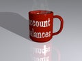 Colorful 3D illustration of a coffee mug with ACCOUNT BALANCES written on it placed on a reflecting floor