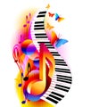 Colorful 3d music notes with piano keyboard and butterfly.
