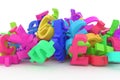 Colorful 3D rendering. CGI typography, bunch of currency sign, m