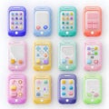 Colorful 3D Smartphone App Interface Collection Featuring Pastel Mobile Devices with Cute Rounded Icons and Modern User Experience Royalty Free Stock Photo