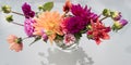 Colorful dahlias. Different dahlias in orange, pink and rose. Top view of vase with flowering summer dahlias.