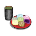 The colorful of daifuku mochi set served with green tea.